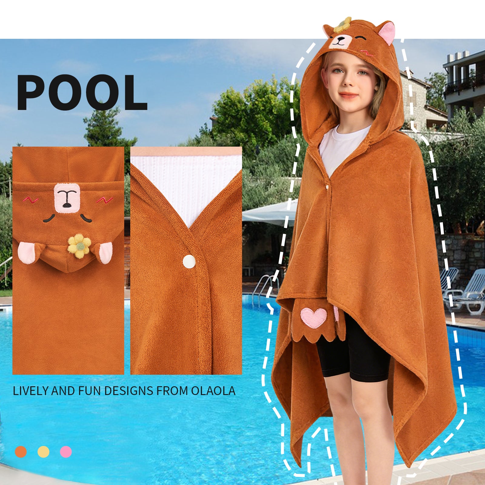 OLAOLA Capybara Hooded Towel Soft Thick Bath Beach Towel Absorbent Toddler Bath Towel Wrap Swim Pool Towels Poncho For 3-12 Years Kids
