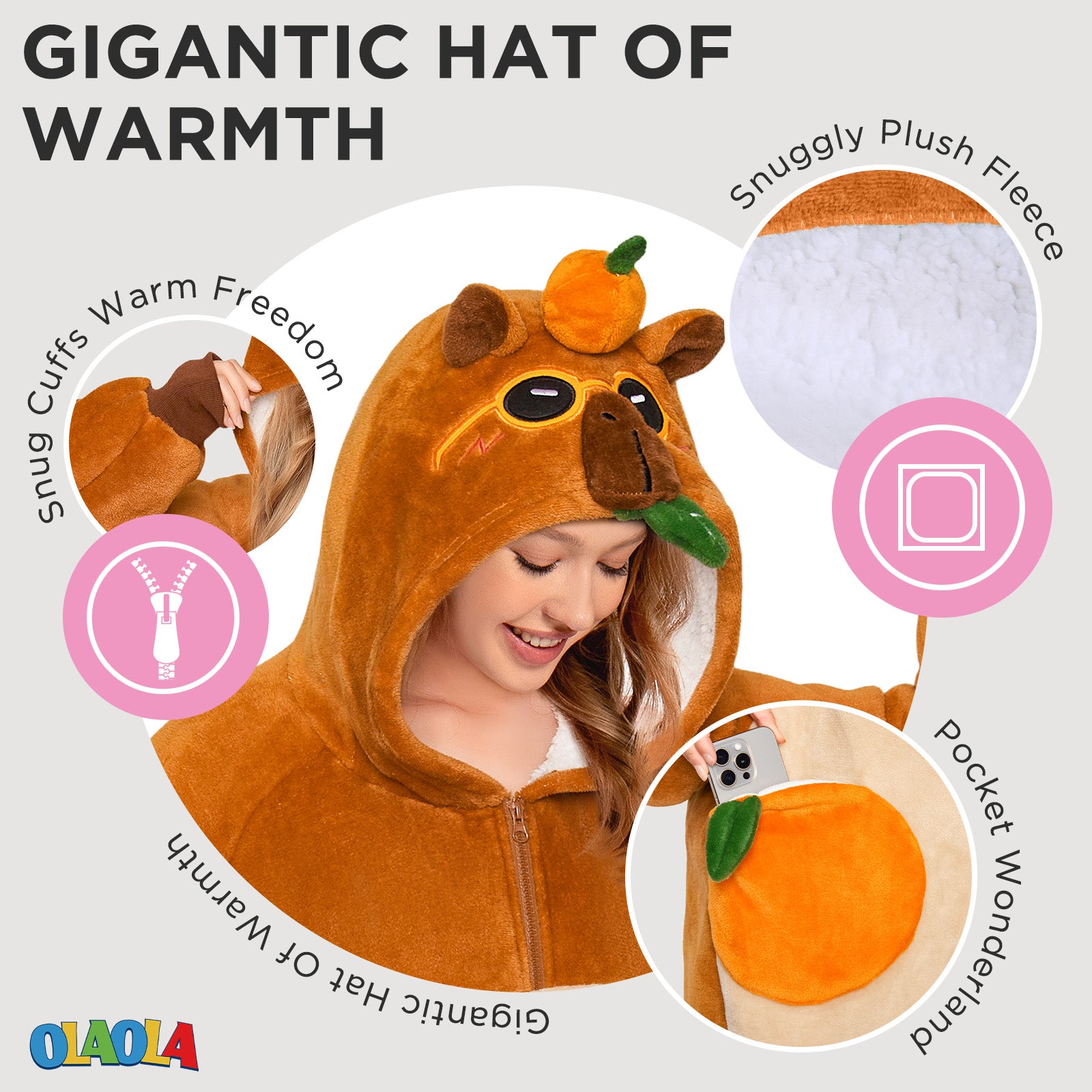 OLAOLA Capybara Wearable Blanket Hoodie For Adult Oversized Animal Onesie Hooded Blanket Soft Warm Cozy Sherpa Fleece Sweatshirt