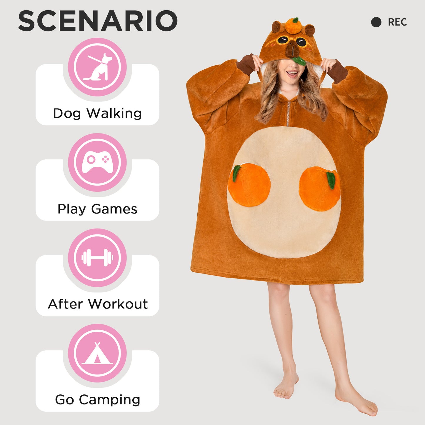 OLAOLA Capybara Wearable Blanket Hoodie For Adult Oversized Animal Onesie Hooded Blanket Soft Warm Cozy Sherpa Fleece Sweatshirt