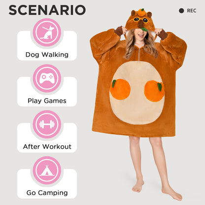 OLAOLA Capybara Wearable Blanket Hoodie For Adult Oversized Animal Onesie Hooded Blanket Soft Warm Cozy Sherpa Fleece Sweatshirt