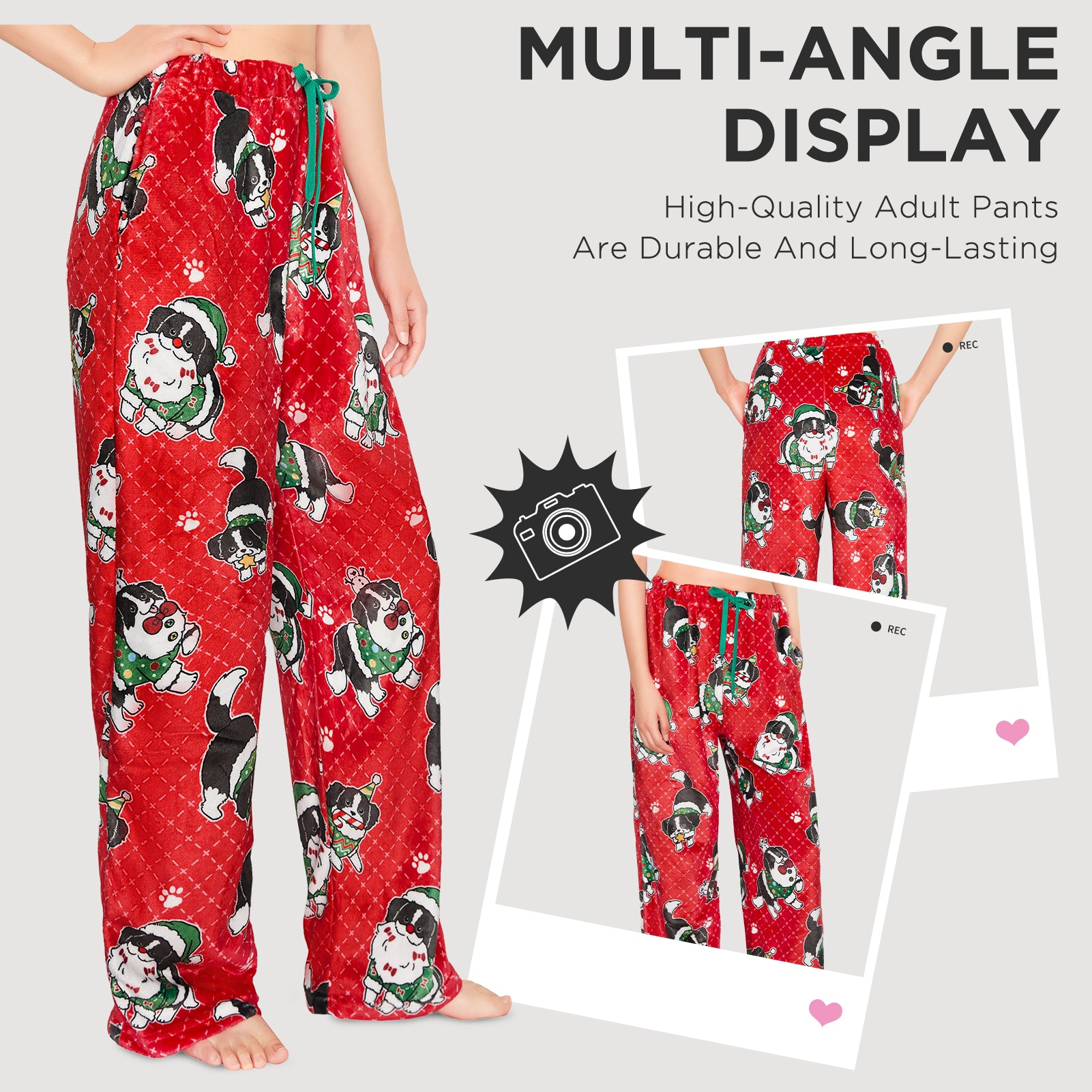 OLAOLA Christmas Dog Printed Fuzzy Plush Pajama Pants Drawstring Elastic Waist Wide Leg Pj Bottoms Lounge Pants Animals Onesie