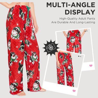 OLAOLA Christmas Dog Printed Fuzzy Plush Pajama Pants Drawstring Elastic Waist Wide Leg Pj Bottoms Lounge Pants Animals Onesie