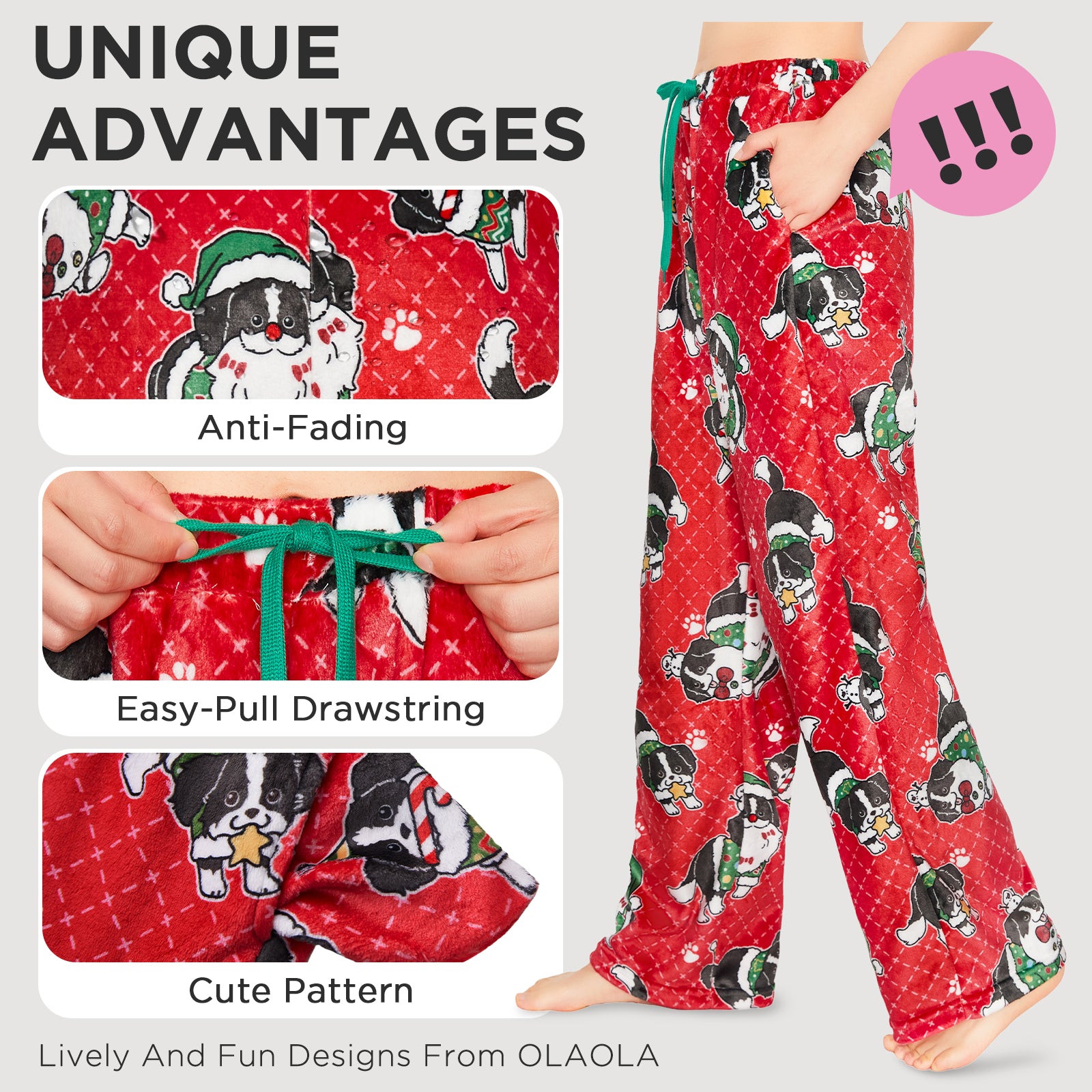 OLAOLA Christmas Dog Printed Fuzzy Plush Pajama Pants Drawstring Elastic Waist Wide Leg Pj Bottoms Lounge Pants Animals Onesie