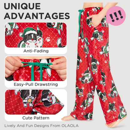 OLAOLA Christmas Dog Printed Fuzzy Plush Pajama Pants Drawstring Elastic Waist Wide Leg Pj Bottoms Lounge Pants Animals Onesie