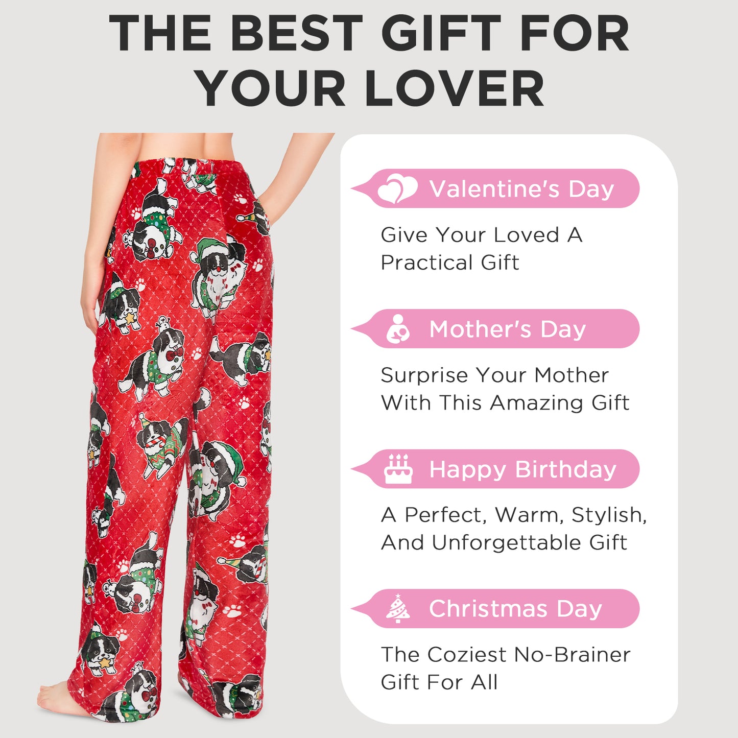 OLAOLA Christmas Dog Printed Fuzzy Plush Pajama Pants Drawstring Elastic Waist Wide Leg Pj Bottoms Lounge Pants Animals Onesie