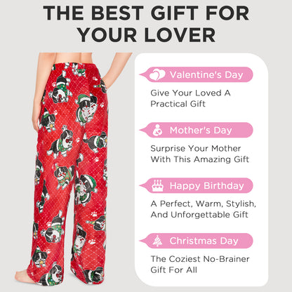 OLAOLA Christmas Dog Printed Fuzzy Plush Pajama Pants Drawstring Elastic Waist Wide Leg Pj Bottoms Lounge Pants Animals Onesie