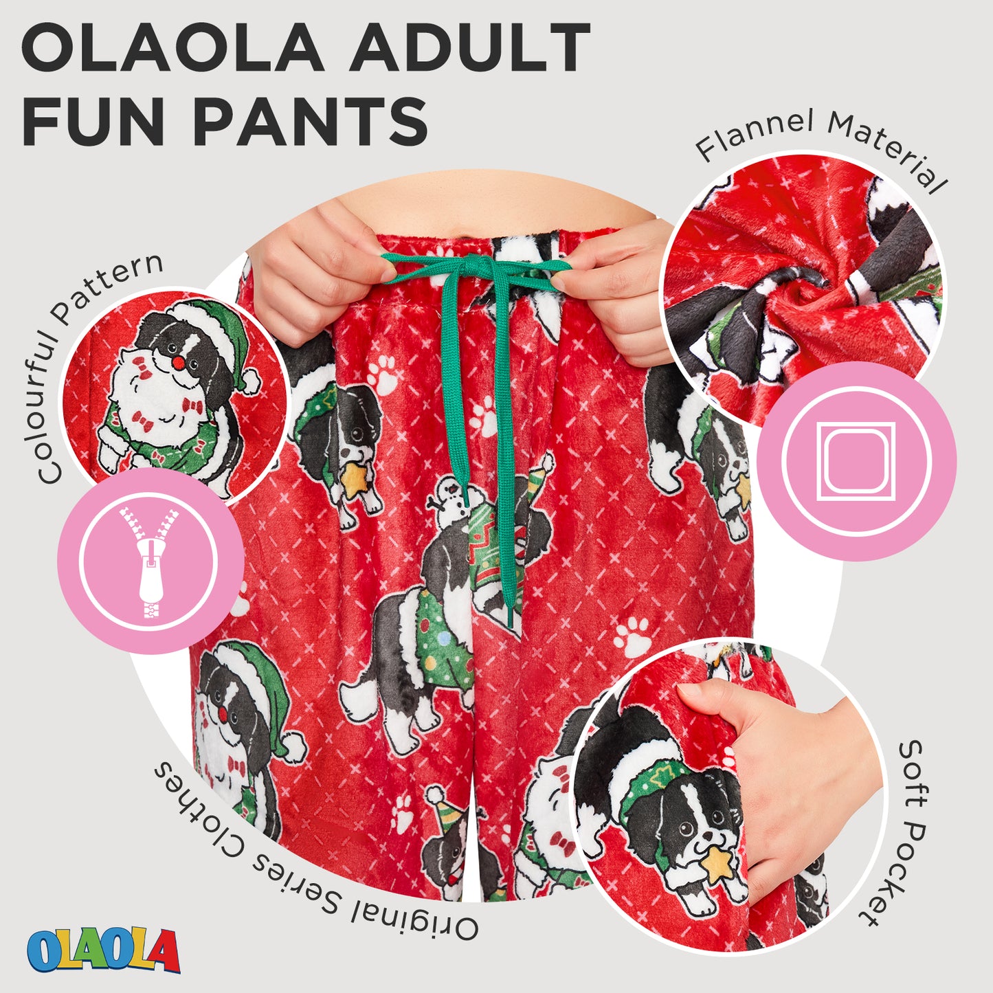 OLAOLA Christmas Dog Printed Fuzzy Plush Pajama Pants Drawstring Elastic Waist Wide Leg Pj Bottoms Lounge Pants Animals Onesie
