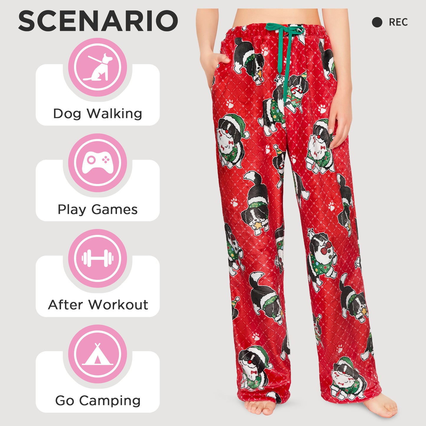 OLAOLA Christmas Dog Printed Fuzzy Plush Pajama Pants Drawstring Elastic Waist Wide Leg Pj Bottoms Lounge Pants Animals Onesie