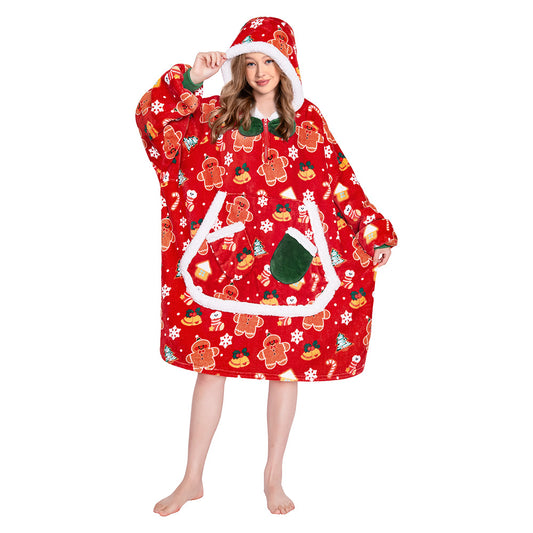 OLAOLA Christmas Gingerbread Man Red Wearable Blanket Hoodie Animals Onesie Oversized Soft Homwear For Adult