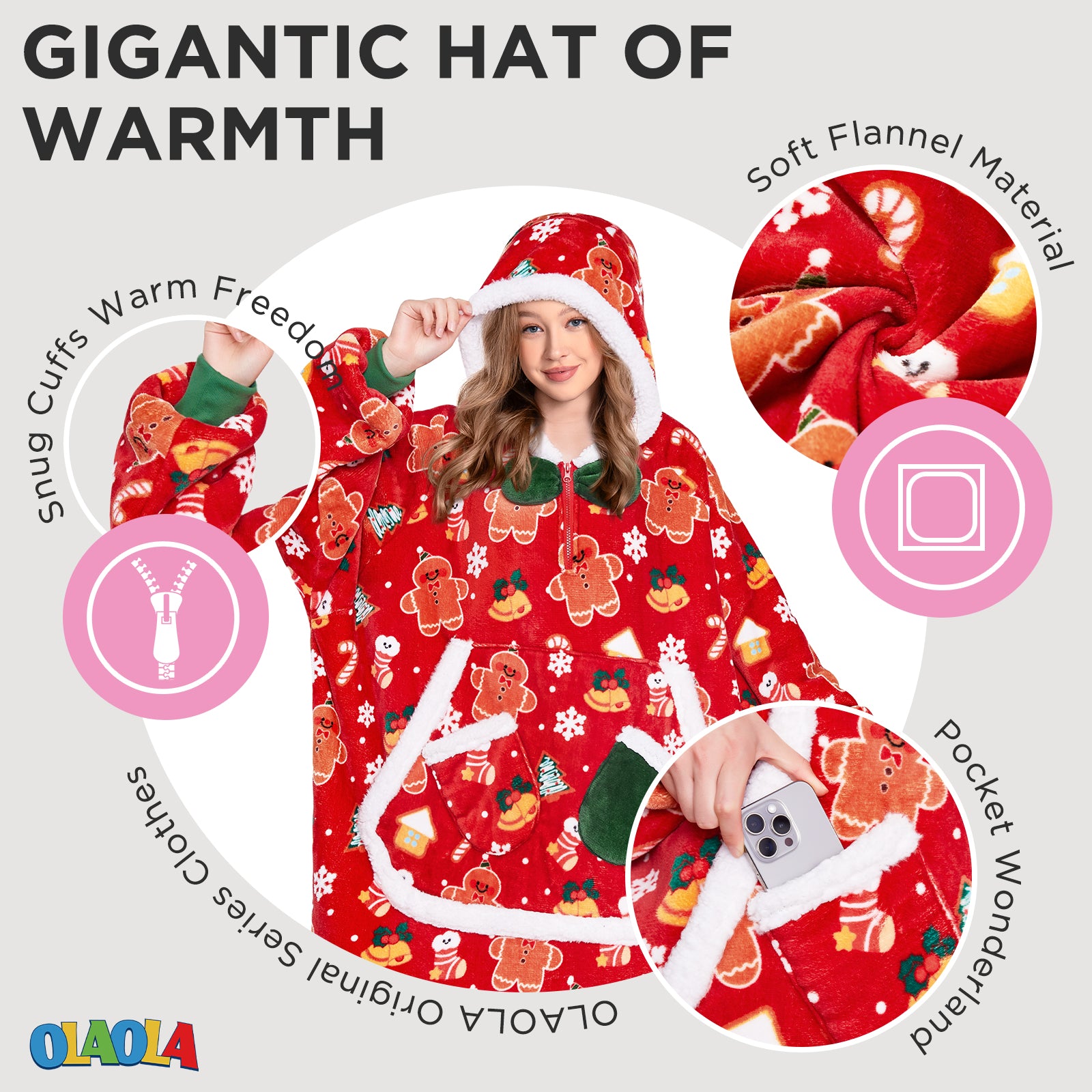 OLAOLA Christmas Gingerbread Man Red Wearable Blanket Hoodie Animals Onesie Oversized Soft Homewear For Adult
