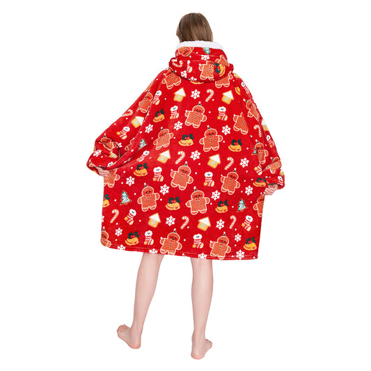 OLAOLA Christmas Gingerbread Man Red Wearable Blanket Hoodie Animals Onesie Oversized Soft Homwear For Adult