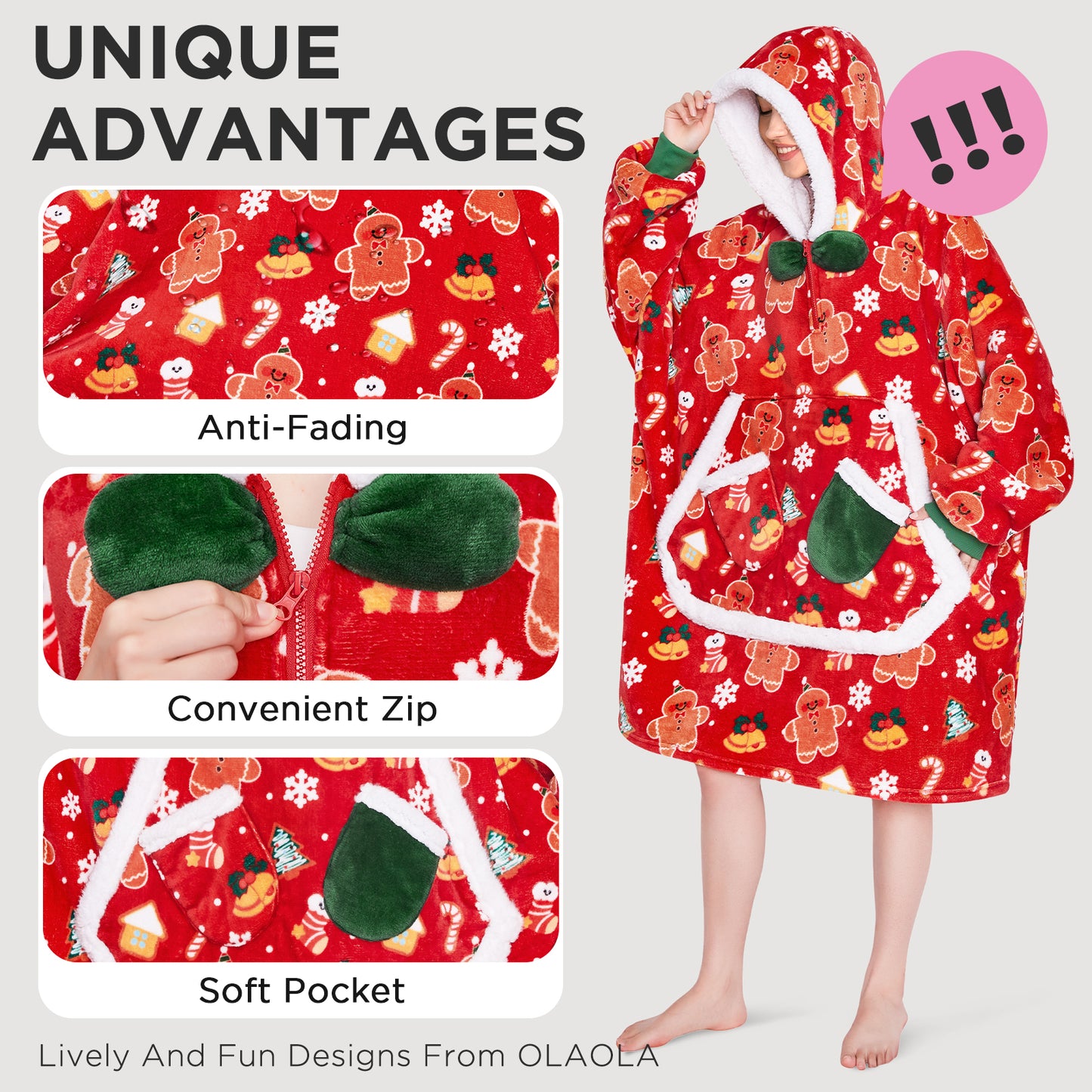 OLAOLA Christmas Gingerbread Man Red Wearable Blanket Hoodie Animals Onesie Oversized Soft Homewear For Adult