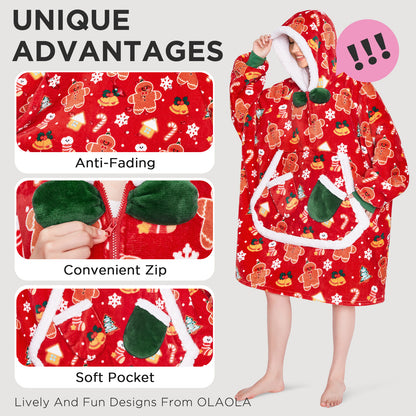 OLAOLA Christmas Gingerbread Man Red Wearable Blanket Hoodie Animals Onesie Oversized Soft Homewear For Adult
