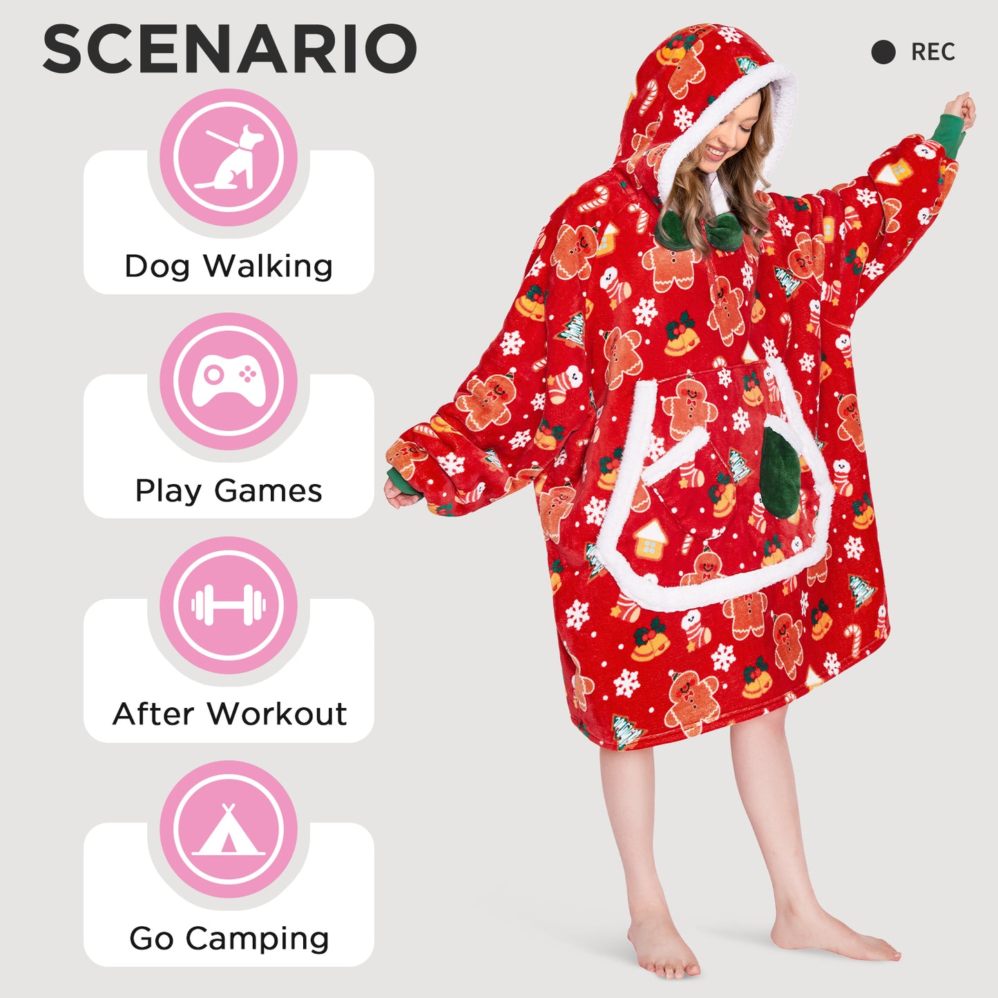 OLAOLA Christmas Gingerbread Man Red Wearable Blanket Hoodie Animals Onesie Oversized Soft Homewear For Adult