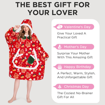 OLAOLA Christmas Gingerbread Man Red Wearable Blanket Hoodie Animals Onesie Oversized Soft Homewear For Adult