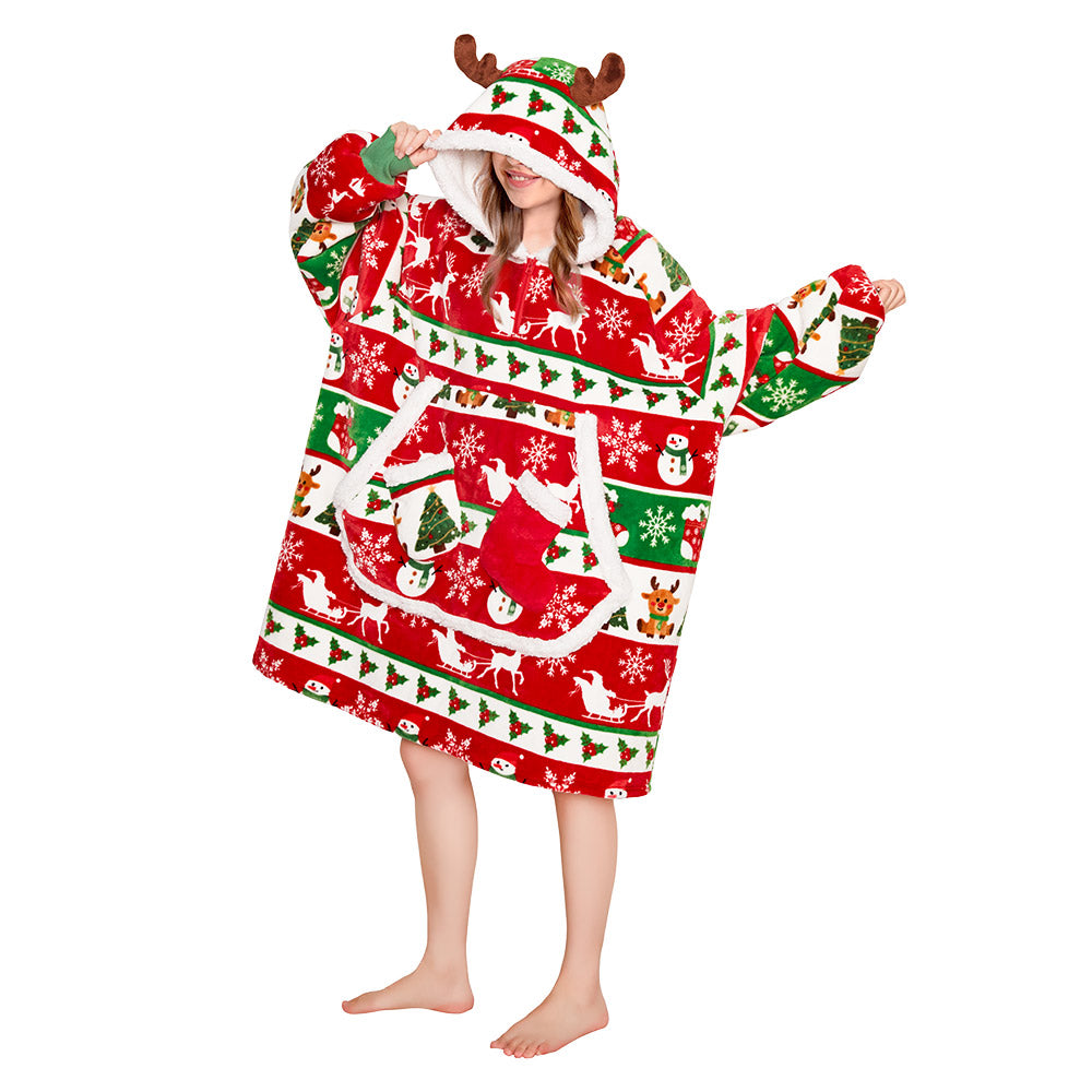 OLAOLA Christmas Tree Snowman Elk Red Wearable Blanket Hoodie Animals Onesie Oversized Soft Homwear For Adult