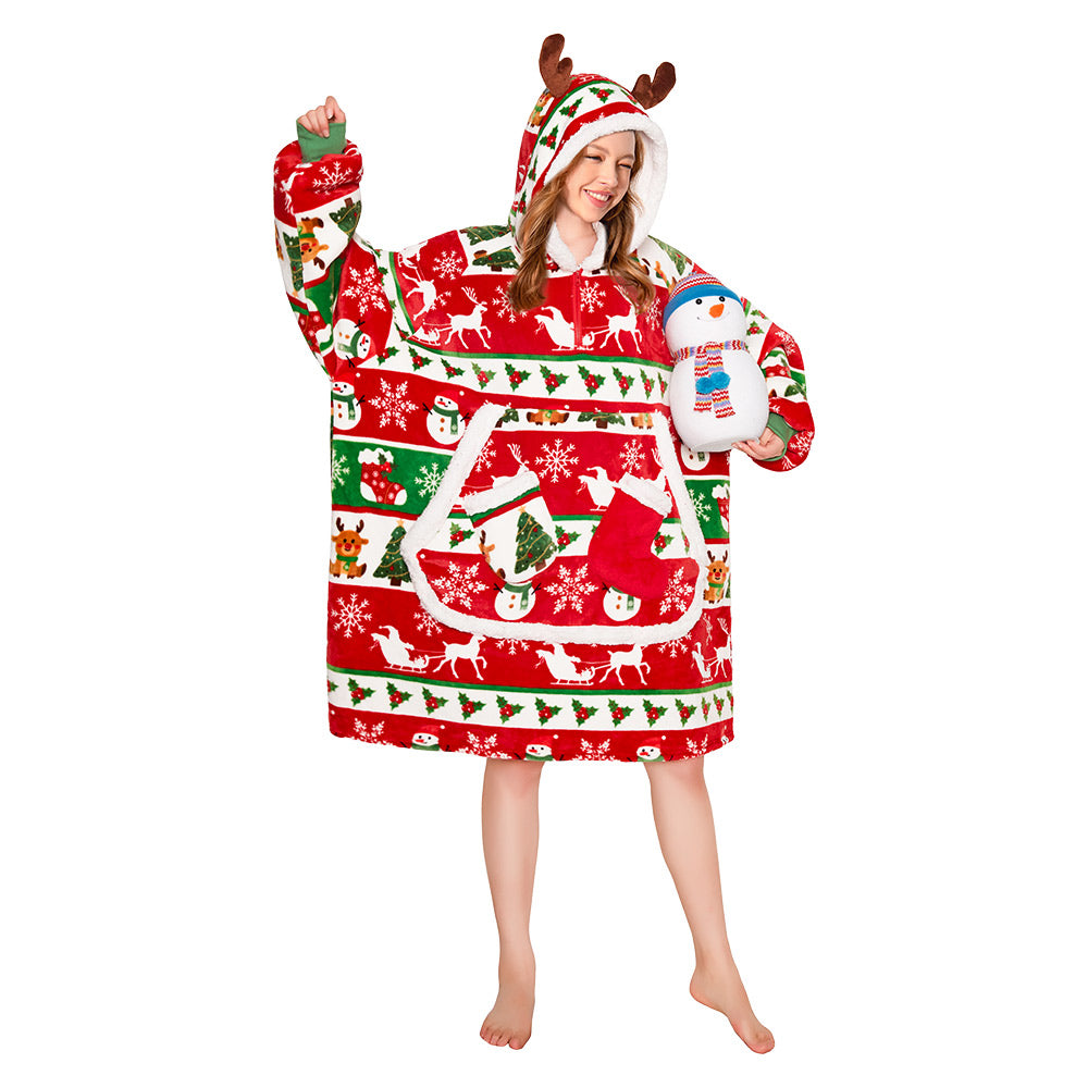 OLAOLA Christmas Tree Snowman Elk Red Wearable Blanket Hoodie Animals Onesie Oversized Soft Homwear For Adult