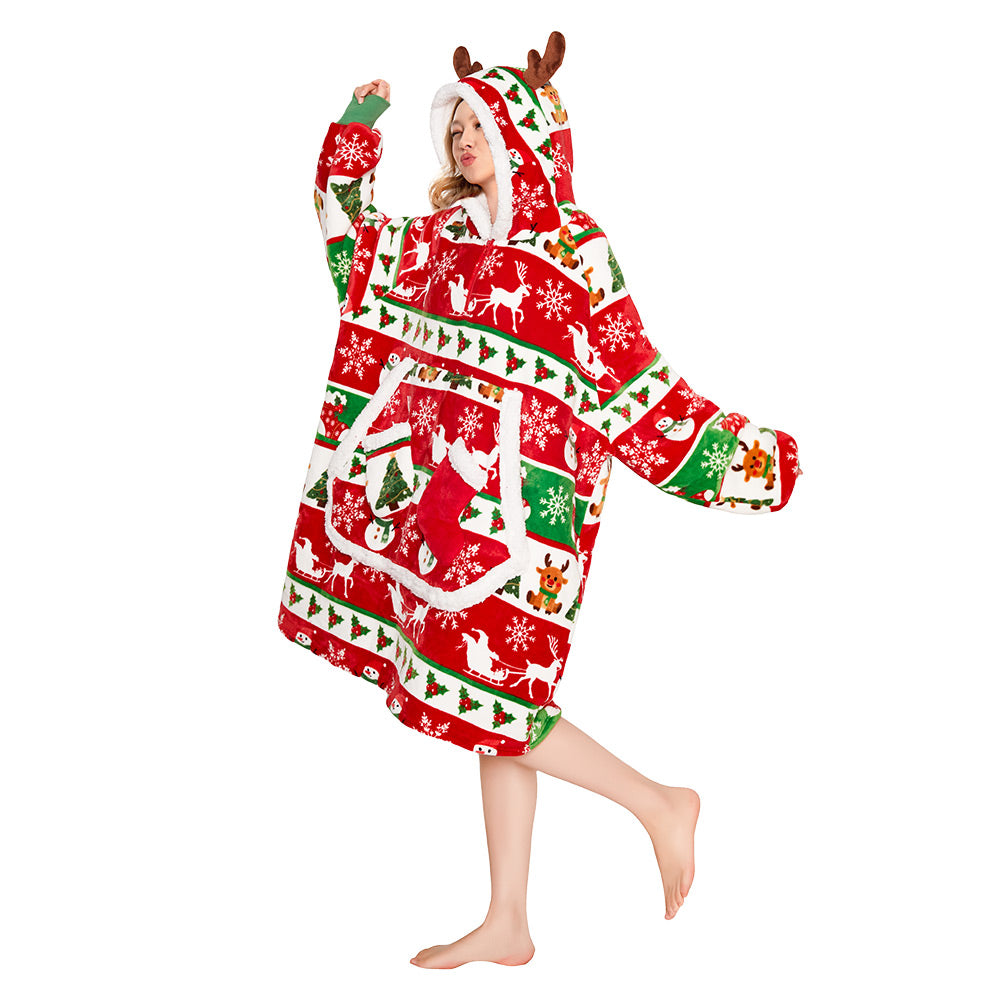 OLAOLA Christmas Tree Snowman Elk Red Wearable Blanket Hoodie Animals Onesie Oversized Soft Homwear For Adult