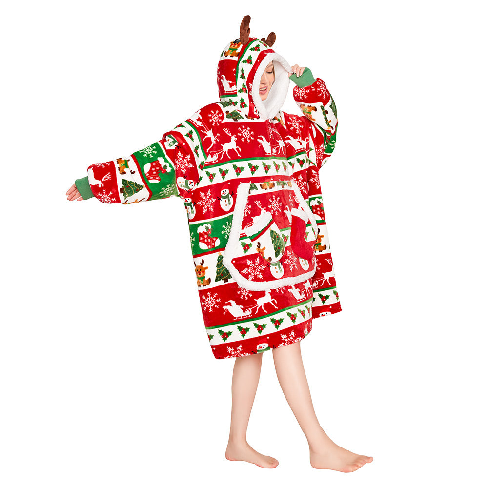 OLAOLA Christmas Tree Snowman Elk Red Wearable Blanket Hoodie Animals Onesie Oversized Soft Homwear For Adult