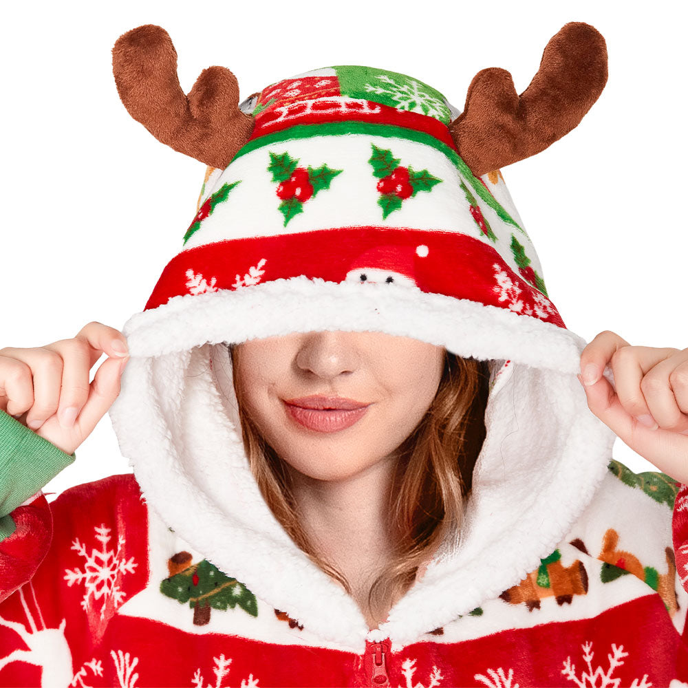 OLAOLA Christmas Tree Snowman Elk Red Wearable Blanket Hoodie Animals Onesie Oversized Soft Homwear For Adult