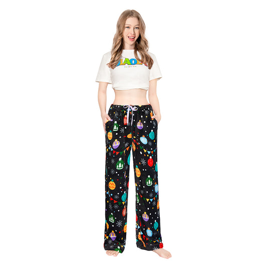 OLAOLA Colored Lights Christmas Printed Fuzzy Plush Pajama Pants Drawstring Elastic Waist Wide Leg Pj Bottoms Lounge Pants Onesie