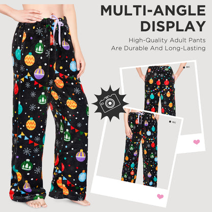 OLAOLA Colored Lights Christmas Printed Fuzzy Plush Pajama Pants Drawstring Elastic Waist Wide Leg Pj Bottoms Lounge Pants Onesie