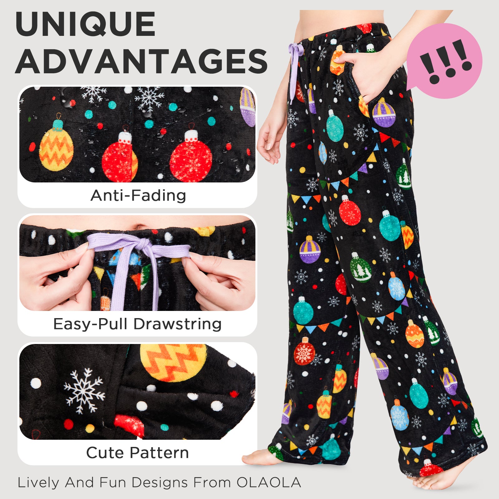 OLAOLA Colored Lights Christmas Printed Fuzzy Plush Pajama Pants Drawstring Elastic Waist Wide Leg Pj Bottoms Lounge Pants Onesie