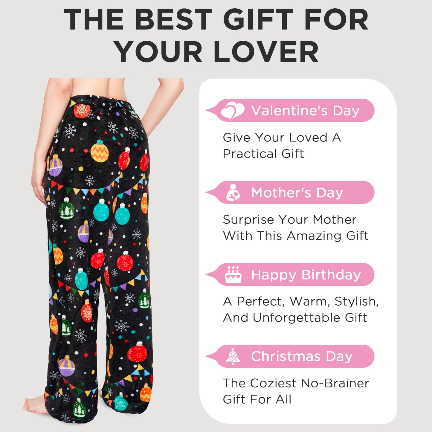 OLAOLA Colored Lights Christmas Printed Fuzzy Plush Pajama Pants Drawstring Elastic Waist Wide Leg Pj Bottoms Lounge Pants Onesie