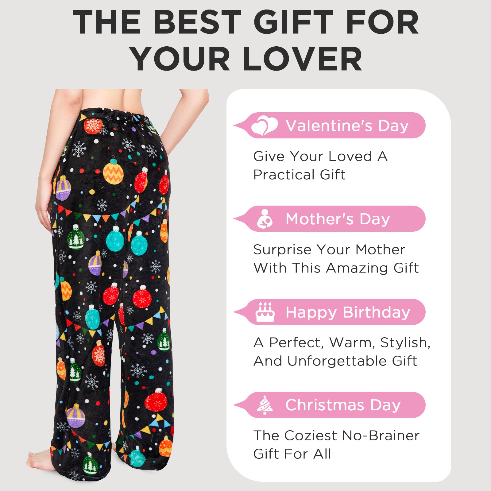 OLAOLA Colored Lights Christmas Printed Fuzzy Plush Pajama Pants Drawstring Elastic Waist Wide Leg Pj Bottoms Lounge Pants Onesie