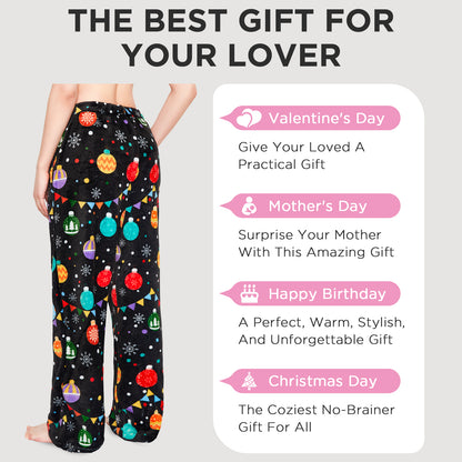 OLAOLA Colored Lights Christmas Printed Fuzzy Plush Pajama Pants Drawstring Elastic Waist Wide Leg Pj Bottoms Lounge Pants Onesie