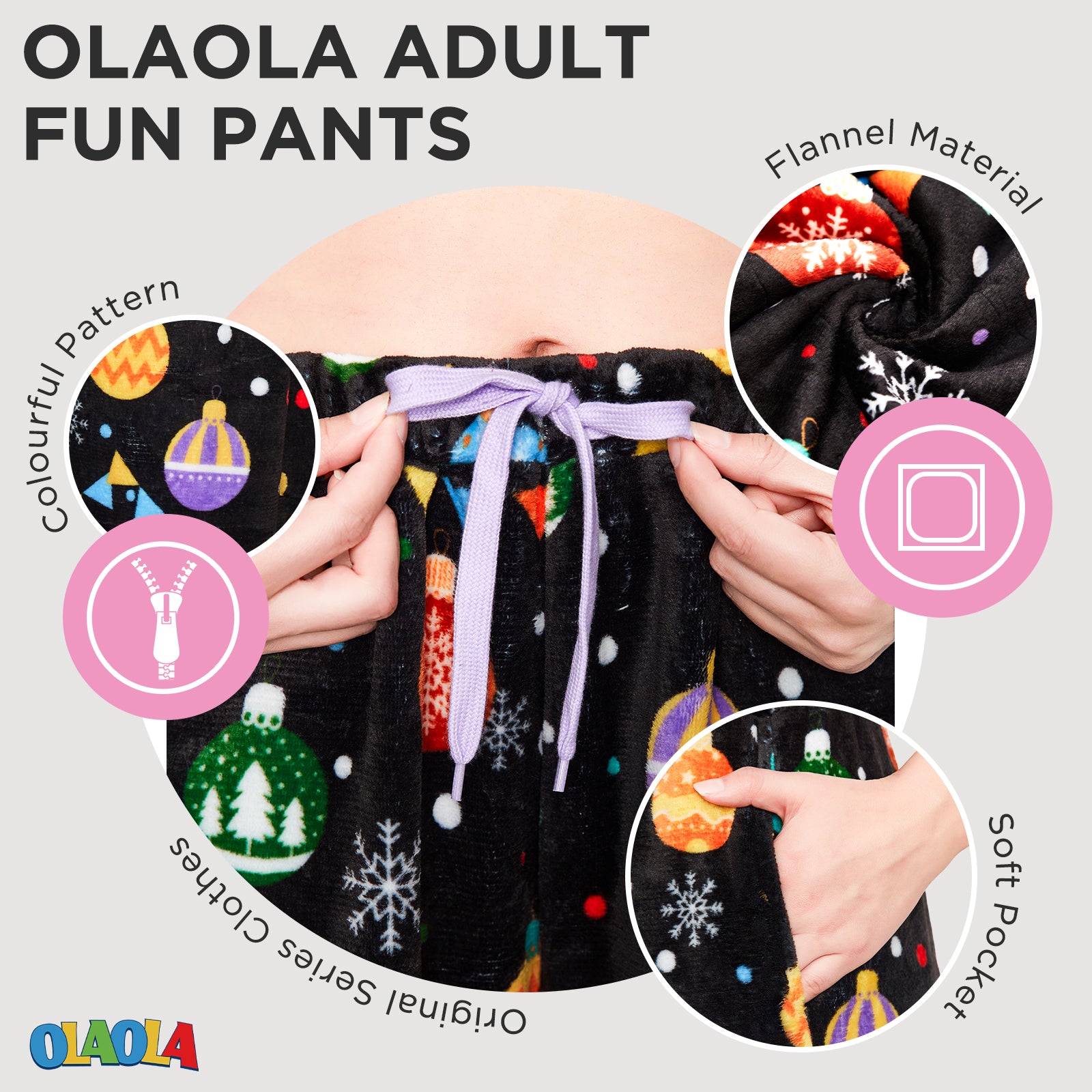 OLAOLA Colored Lights Christmas Printed Fuzzy Plush Pajama Pants Drawstring Elastic Waist Wide Leg Pj Bottoms Lounge Pants Onesie