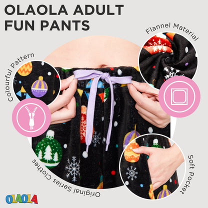 OLAOLA Colored Lights Christmas Printed Fuzzy Plush Pajama Pants Drawstring Elastic Waist Wide Leg Pj Bottoms Lounge Pants Onesie