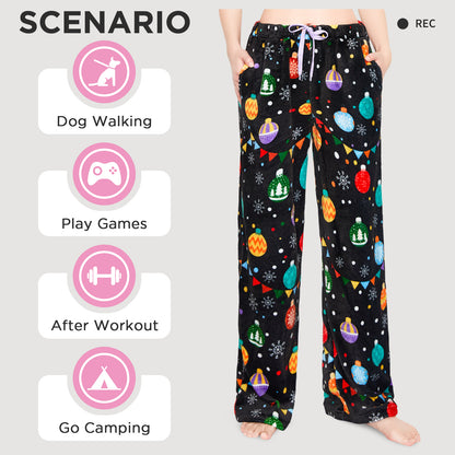 OLAOLA Colored Lights Christmas Printed Fuzzy Plush Pajama Pants Drawstring Elastic Waist Wide Leg Pj Bottoms Lounge Pants Onesie