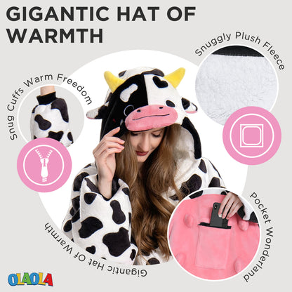 OLAOLA Dairy Cows Wearable Blanket Hoodie Animals Onesie Oversized Soft Homwear With Giant Pocket For Adult