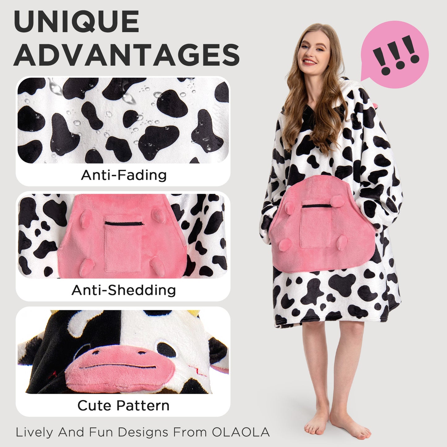 OLAOLA Dairy Cows Wearable Blanket Hoodie Animals Onesie Oversized Soft Homwear With Giant Pocket For Adult