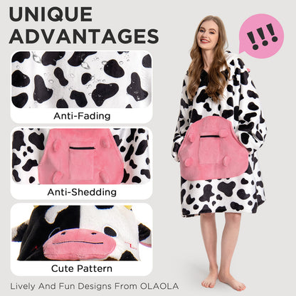 OLAOLA Dairy Cows Wearable Blanket Hoodie Animals Onesie Oversized Soft Homwear With Giant Pocket For Adult