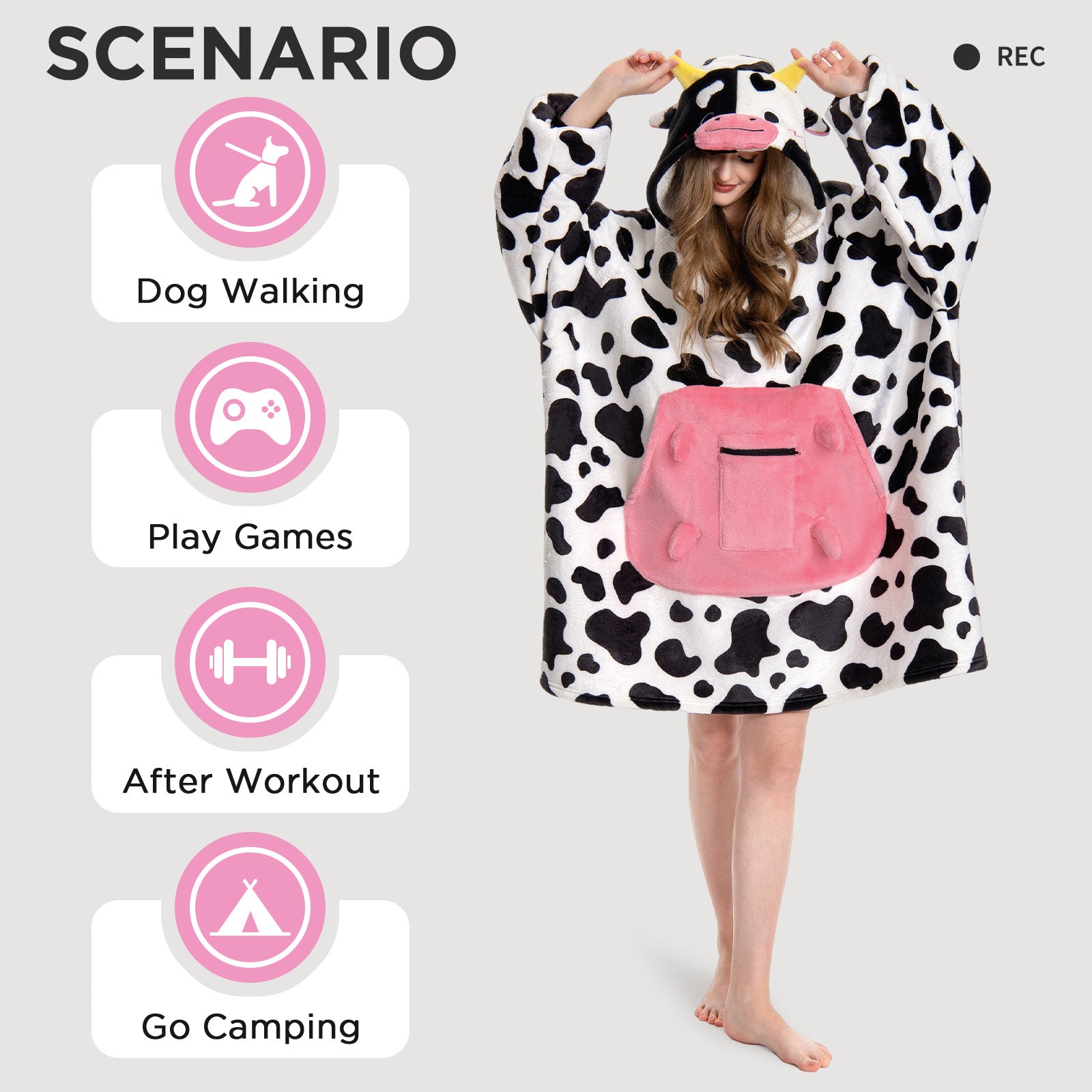 OLAOLA Dairy Cows Wearable Blanket Hoodie Animals Onesie Oversized Soft Homwear With Giant Pocket For Adult