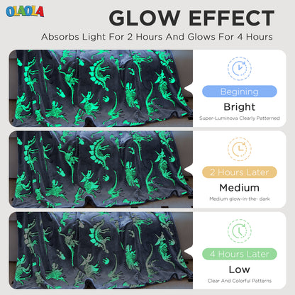 OLAOLA Dinosaur Fossil Blankets Dino Glow In The Dark Throw Soft Comforters Warm Lightweight Blanket For Kids Travel Camping
