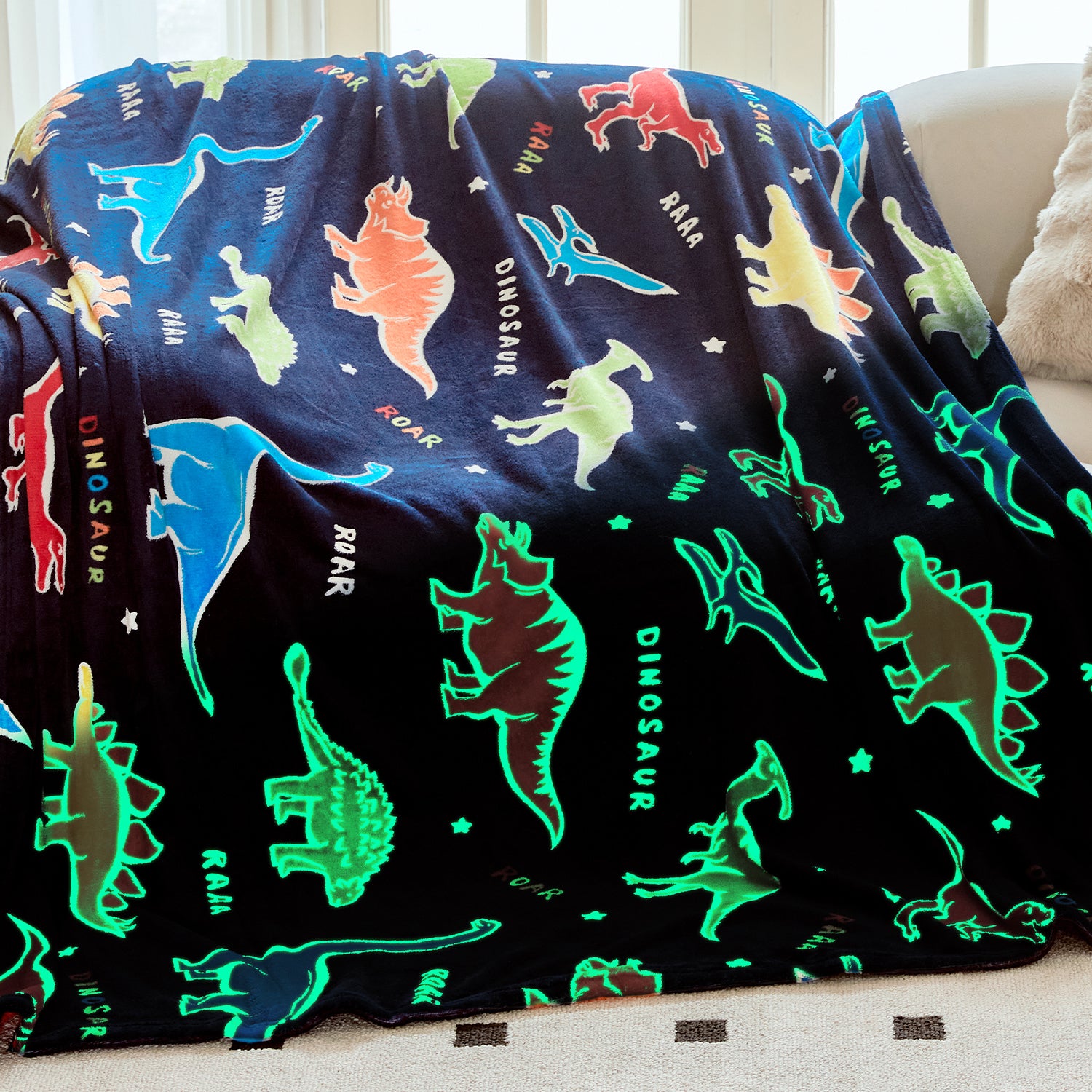 OLAOLA Dinosaur Glow In The Dark Blanket Dino Throw For Kids Birthday Easter Decor For Age 1-14 Years Old Luminous Throw