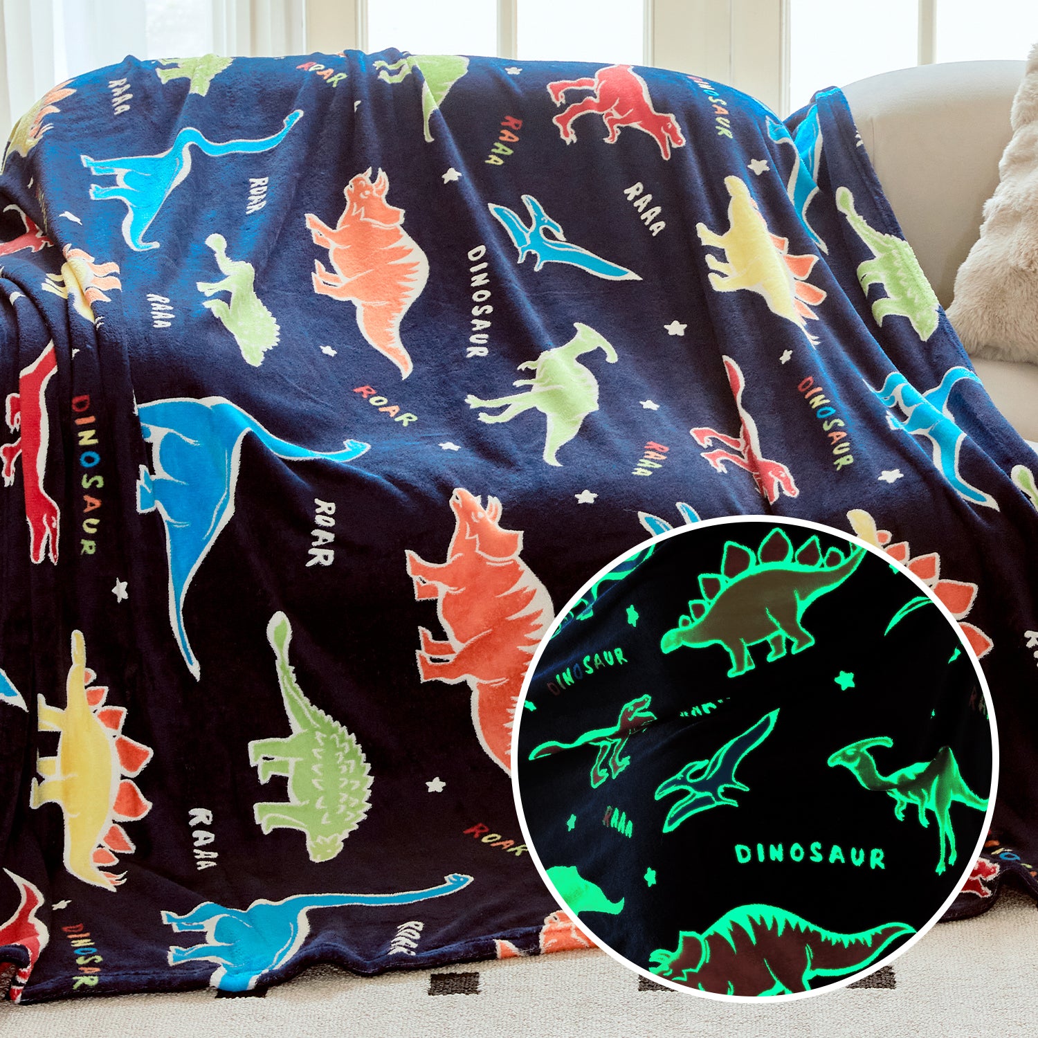 OLAOLA Dinosaur Glow In The Dark Blanket Dino Throw For Kids Birthday Easter Decor For Age 1-14 Years Old Luminous Throw