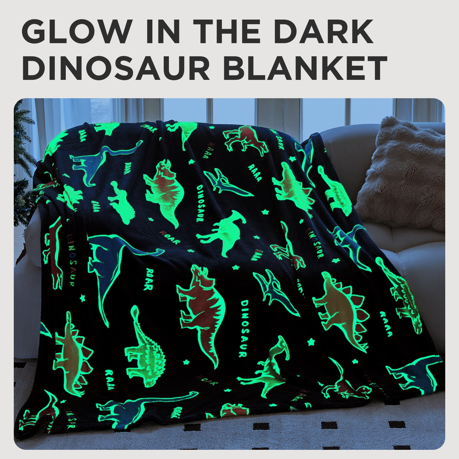 OLAOLA Dinosaur Glow In The Dark Blanket Dino Throw For Kids Birthday Easter Decor For Age 1-14 Years Old Luminous Throw