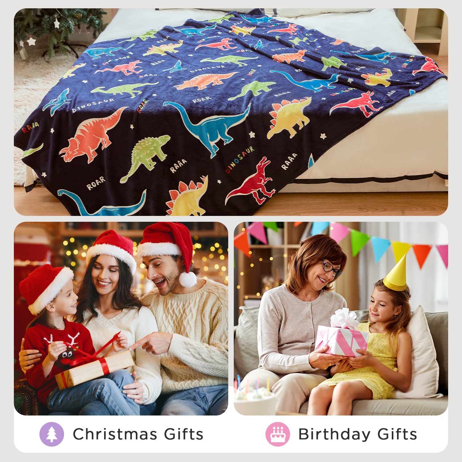 OLAOLA Dinosaur Glow In The Dark Blanket Dino Throw For Kids Birthday Easter Decor For Age 1-14 Years Old Luminous Throw