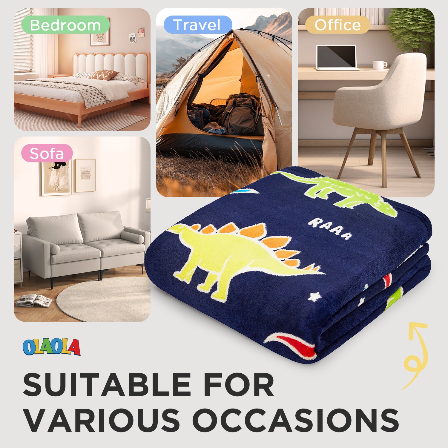 OLAOLA Dinosaur Glow In The Dark Blanket Dino Throw For Kids Birthday Easter Decor For Age 1-14 Years Old Luminous Throw