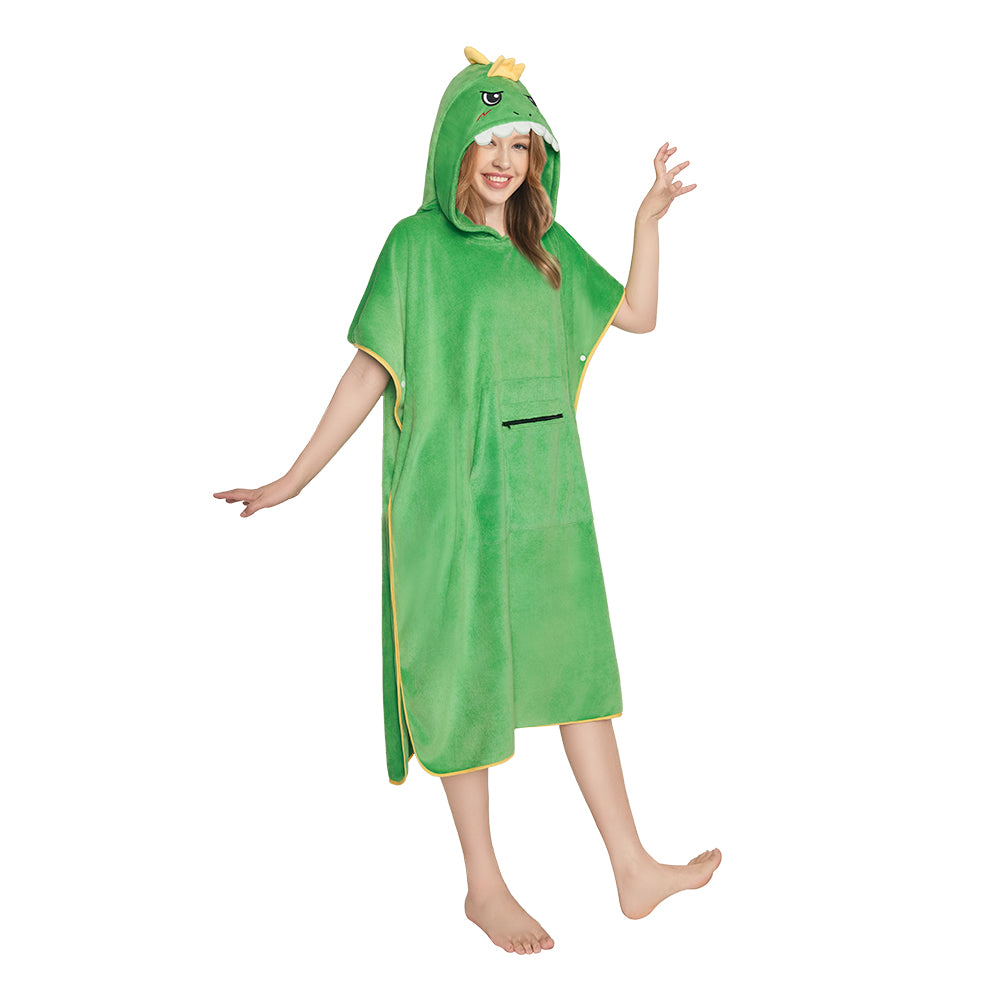 OLAOLA Dinosaur Surf Poncho Changing Towel Swim Robe With Pocket Plus Size Beach Towels Quick Dry Terry Cloth Cover-Up Hood