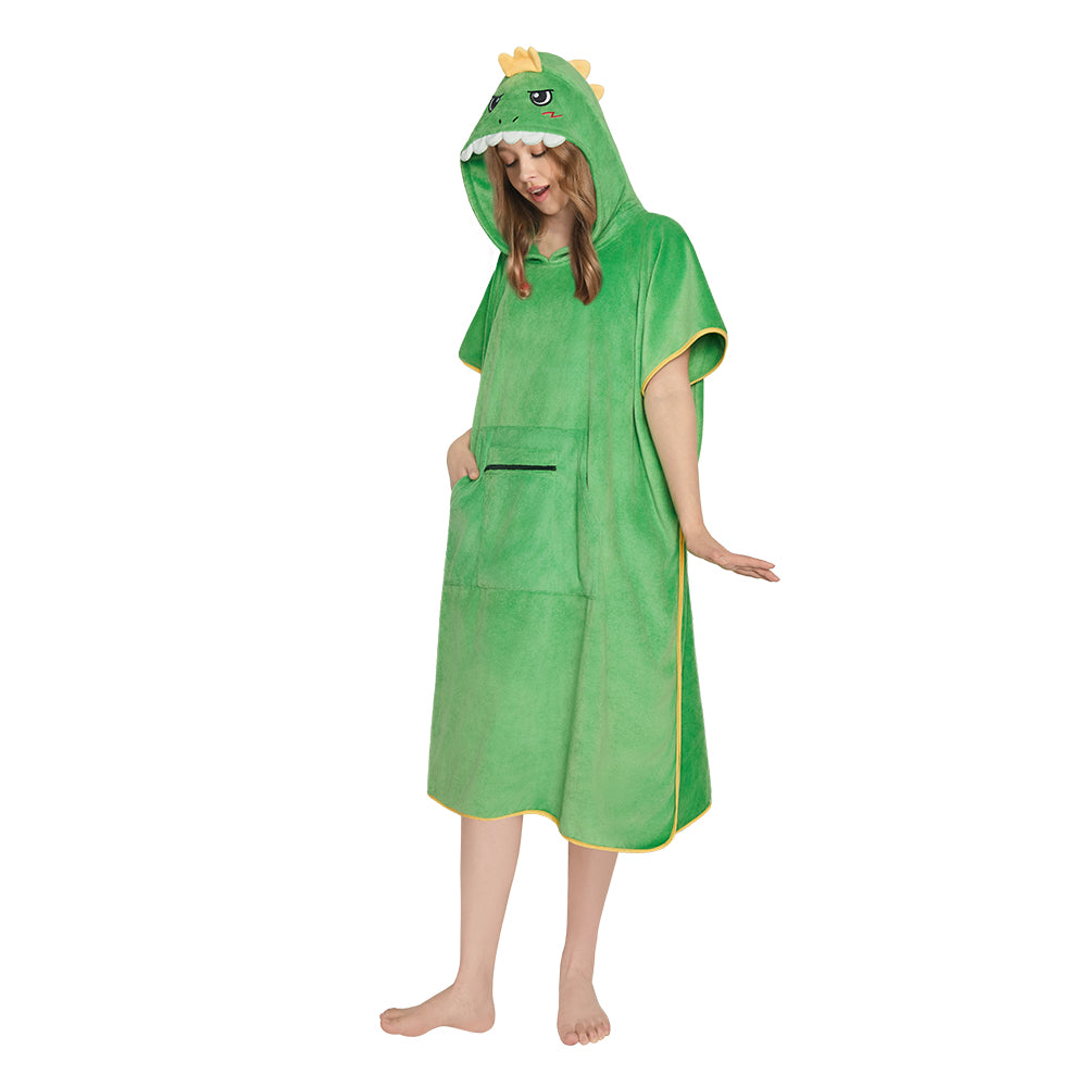 OLAOLA Dinosaur Surf Poncho Changing Towel Swim Robe With Pocket Plus Size Beach Towels Quick Dry Terry Cloth Cover-Up Hood