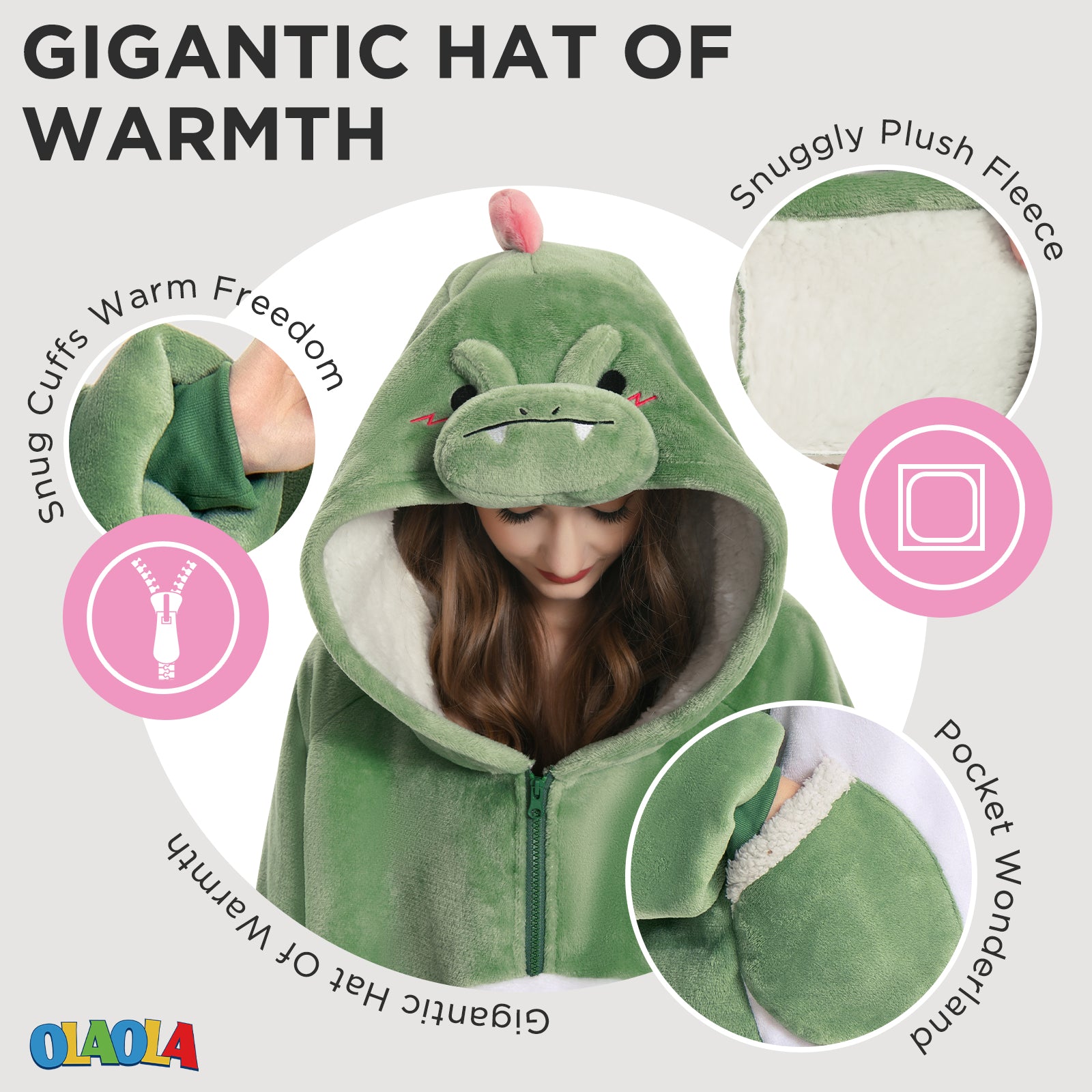 OLAOLA Dinosaur Wearable Blanket Hoodie Animals Onesie Oversized Soft Homewear With Giant Pocket For Adult