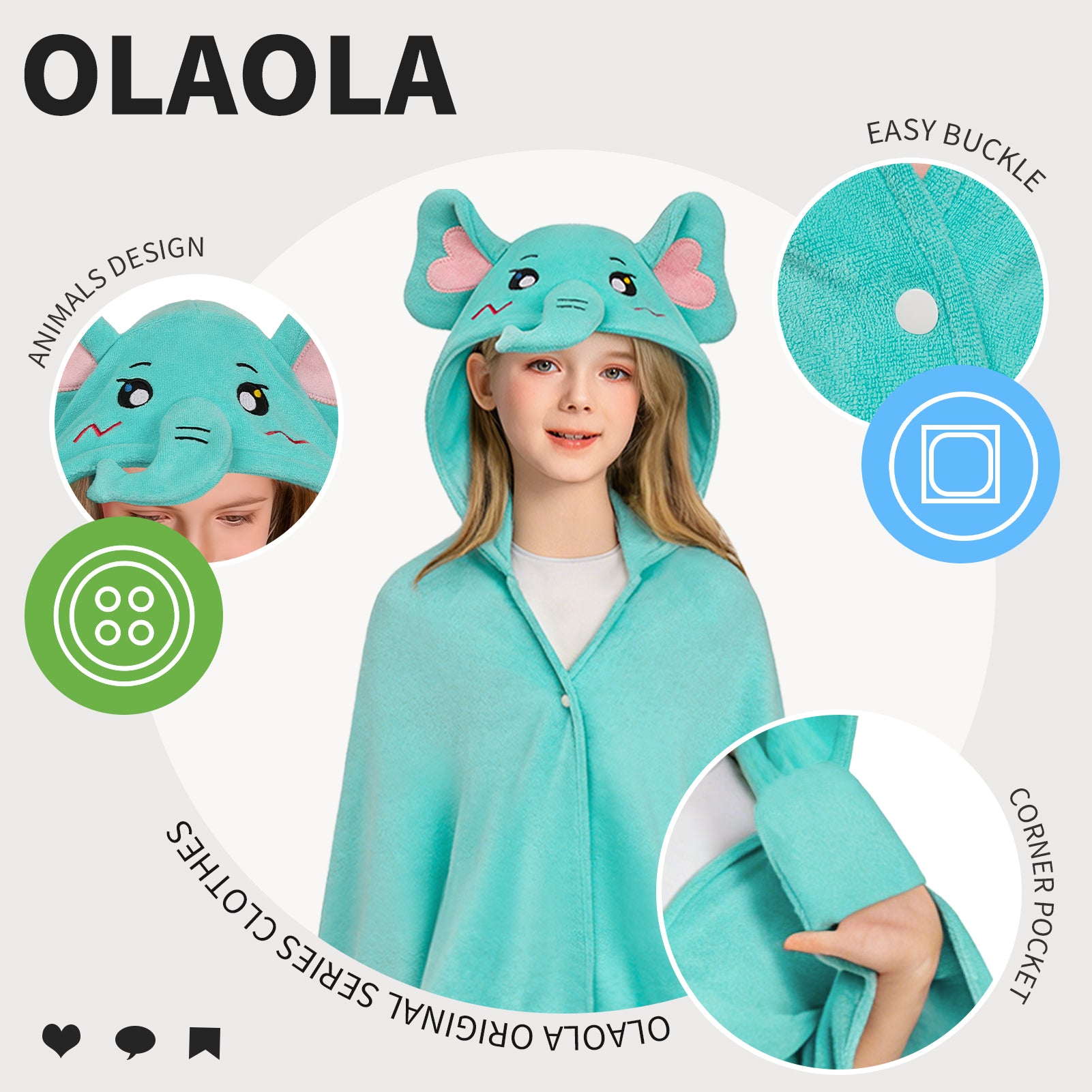 OLAOLA Elephant Hooded Towel Soft Thick Bath Beach Towel Absorbent Toddler Bath Towel Wrap Swim Pool Towels Poncho For 3-12 Years Kids