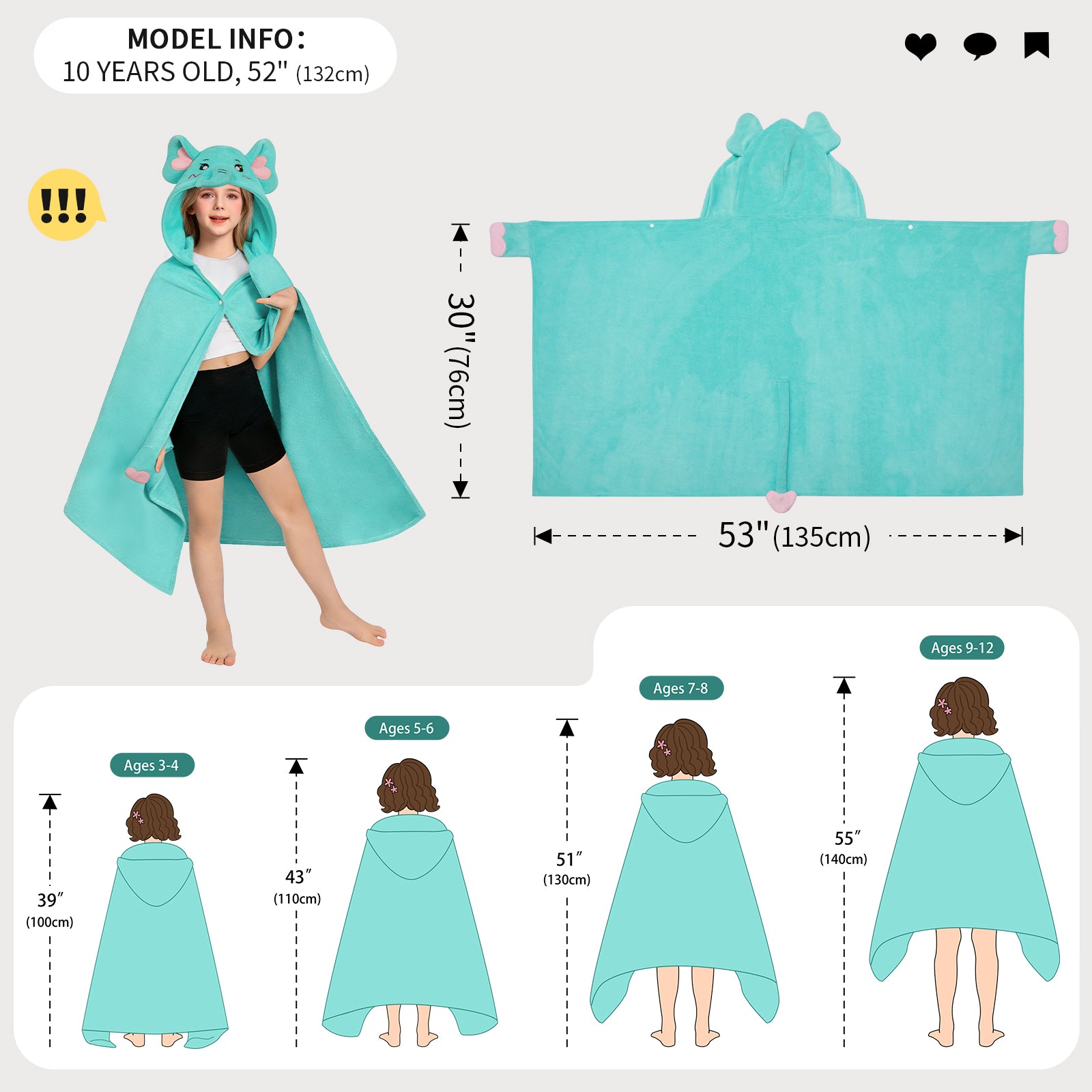 OLAOLA Elephant Hooded Towel Soft Thick Bath Beach Towel Absorbent Toddler Bath Towel Wrap Swim Pool Towels Poncho For 3-12 Years Kids