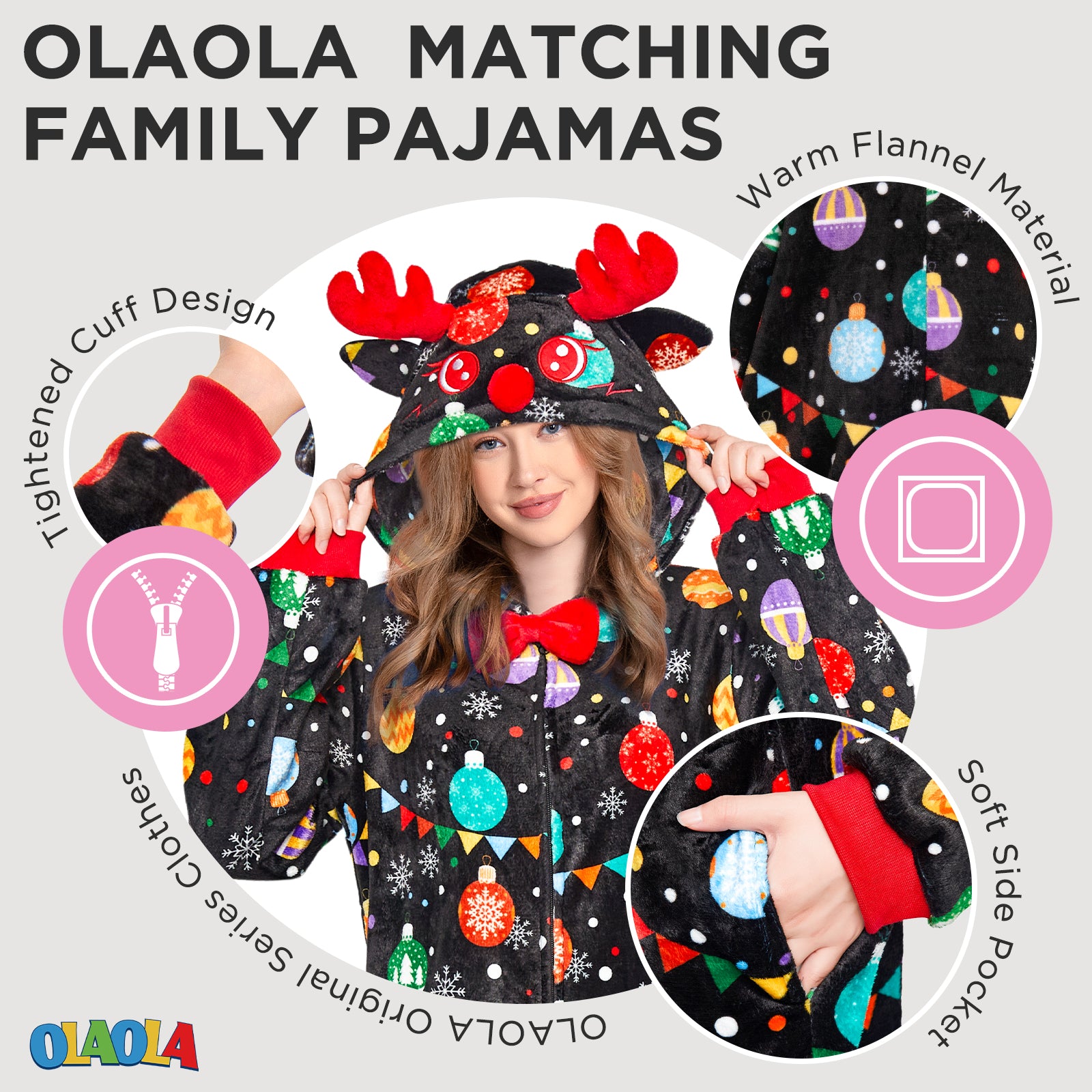 OLAOLA Elk Printed Colored Lights Black Pajamas Plush Animals Onesie Sleepwear Christmas Party Suit For Adult