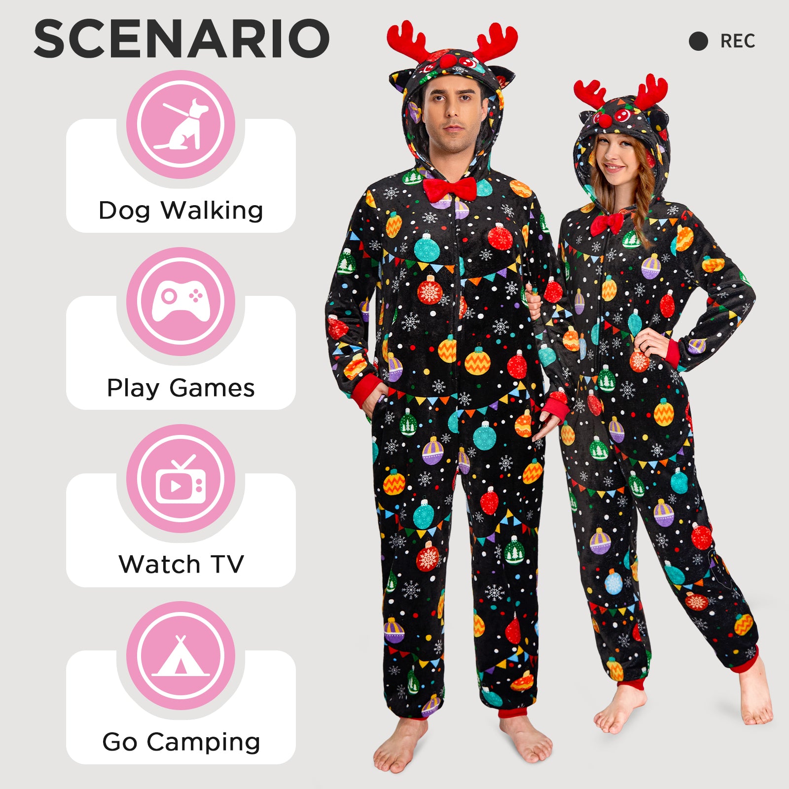 OLAOLA Elk Printed Colored Lights Black Pajamas Plush Animals Onesie Sleepwear Christmas Party Suit For Adult